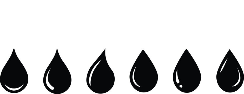 Six black water drop icons with subtle variations in shape and highlights liquid symbol