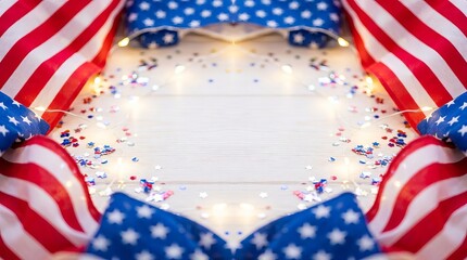 Obraz premium Decorative American Flag Themed Cake Topper With Confetti And Fairy Lights