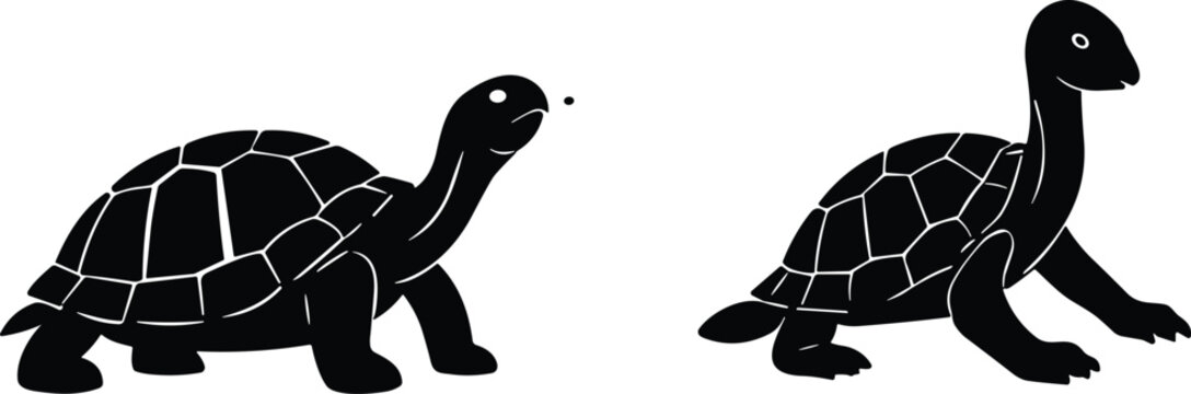 Turtle Silhouettes Illustration Set Showing Slow Walking Reptiles with Shell Detail Isolated on Clean Background Minimal Vector Graphic Design