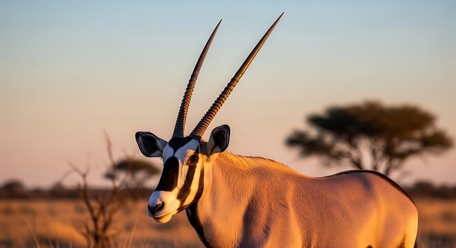Majestic Oryx Antelope Standing in Golden Savanna at Sunset