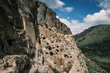 Vardzia famous travel destination cave monastery site in southern Georgia, excavated from the slopes of the Erusheti Mountain on the left bank of the Kura River, © Michele