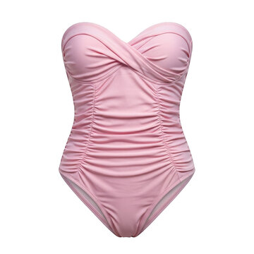 Pink strapless ruched one-piece swimsuit isolated on transparent background