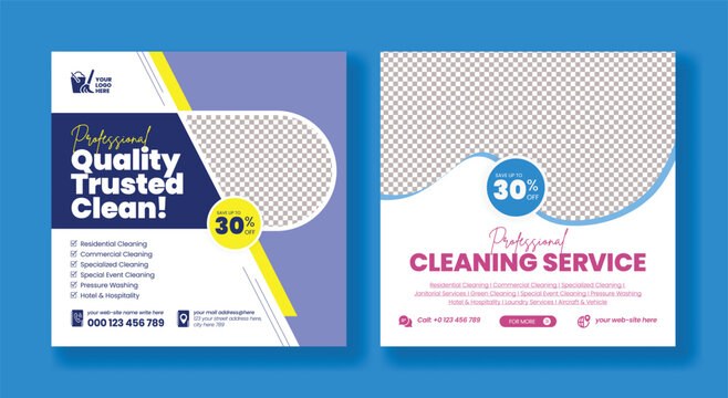 Cleaning Service Social Media Posts Advertising Banners Template, Disinfection Hygiene Sanitation Home Industrial Cleaning Service Professional Cleaner Maid Laundry Pressure Wash Square Poster Flyer