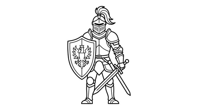 Knight in armor with shield and sword black and white background hand drawn medieval illustration chivalry protection defender isolated character crusader mythology