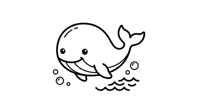 Cute cartoon whale with bubbles black and white background hand drawn baby animal illustration underwater friendly isolated character creature whimsical cetacean vacation