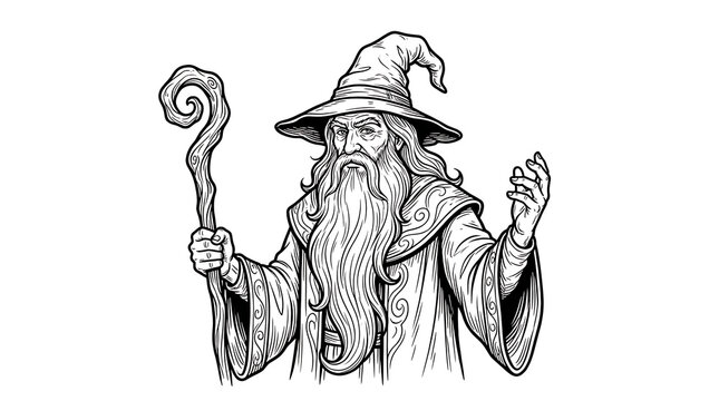 Wizard with long beard and staff black and white background hand drawn sorcerer illustration character enchantment mystical isolated supernatural alchemist mythology