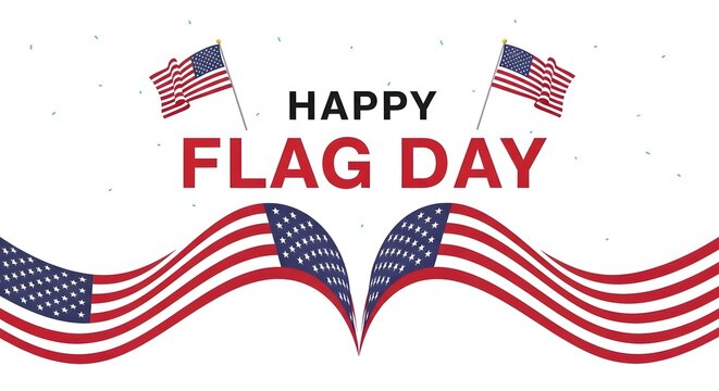 American Flags Waving with Happy Flag Day Banner on White Background