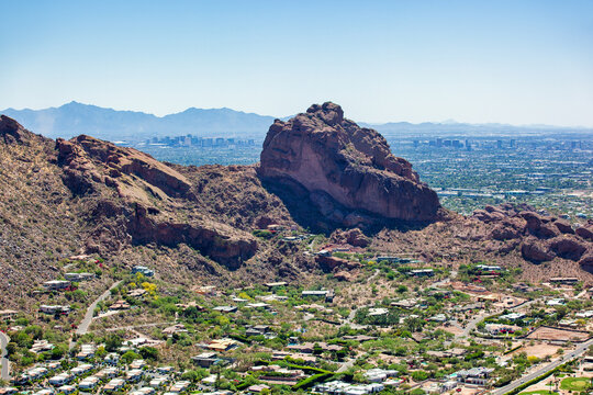 Skyline of Phoenix, Aeizona from behind Camelback Mountain