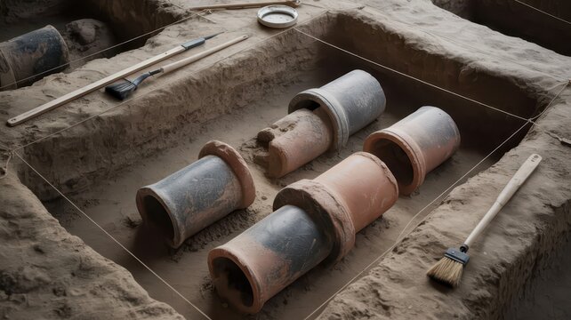 Archaeological Excavation Site with Ancient Clay Pipes and Restoration Tools in Soil