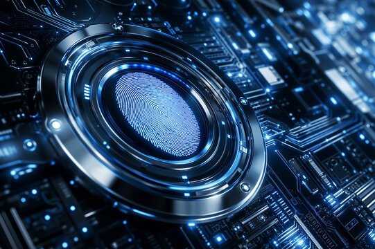 Metallic biometric fingerprint reader glowing with blue light on dark electronic motherboard for global security concept