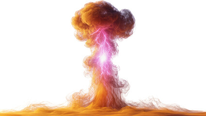 Fiery orange and purple smoke explosion with lightning strike, isolated on transparent background © Nolan