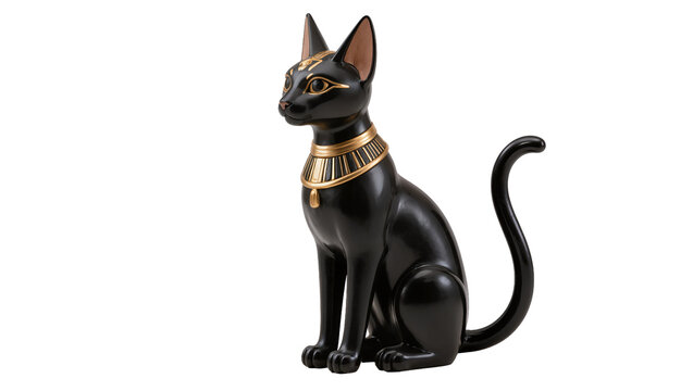 Black Egyptian Bastet cat statue with golden collar, isolated on transparent background