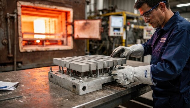 Medium shot capturing Ucore ferrite mold assembly being examined for quality before firing in a controlled industrial kiln environment with heavy machinery.
