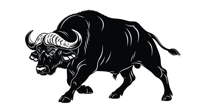 African buffalo illustration side view black and white engraving style