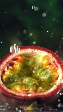 Raindrops fall on tropical passion fruit. Filmed on a high-speed camera at 1000 fps. High quality FullHD footage
