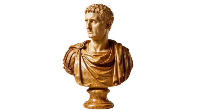 Marble bust of Roman emperor Augustus wearing toga, isolated on transparent background