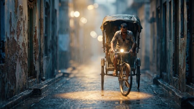 Cycle Rickshaw In Monsoon Rain | Old Indian Street Night Atmosphere