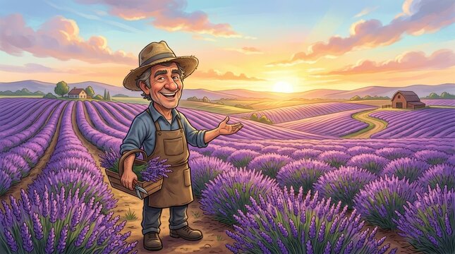 Older male farmer smiling in lavender field at sunset caricature