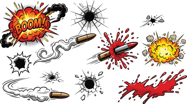 Comic book style vector design elements set featuring flying bullets bullet holes glass cracks blood splatters and loud explosive boom sound effect bubbles