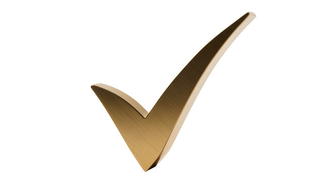 Polished golden check mark symbol, isolated on transparent background