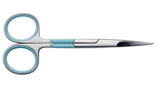 Precision surgical scissors with teal handles, isolated on transparent background