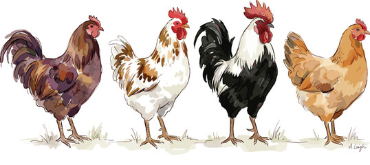 Watercolor style vector illustration set of different farm chickens roosters and hens standing on grass isolated on a clean white background © MdGohurul