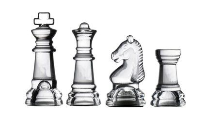 Clear glass chess pieces including king queen knight and rook, isolated on transparent background © Nolan