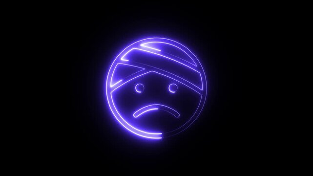 Neon blue sad face emoticon with bandage on forehead on black background