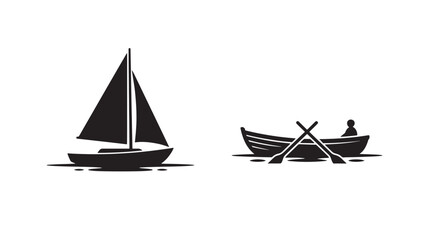 Sailboat and rowboat illustration with black silhouettes on water featuring silhouette, boat, sailing with rowing and nautical elements for marine, © skakter24