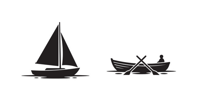 Sailboat and rowboat illustration with black silhouettes on water featuring silhouette, boat, sailing with rowing and nautical elements for marine,