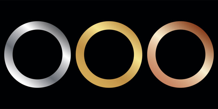 Gold, silver and bronze metal circle frames 3d vector realistic illustration. First, second and third place medals or buttons isolated on white background. Certified. Quality blank, empty badge set.
