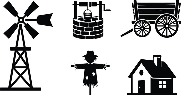 Farming illustration with windmill well wagon scarecrow and house