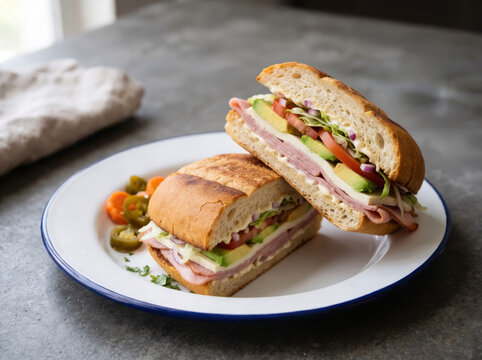 Authentic Mexican Ham Torta Sandwich Cut in Half on White Plate, Layered with Avocado, Cheese, Tomato, Red Onion and Pickled Jalape&ntilde;os