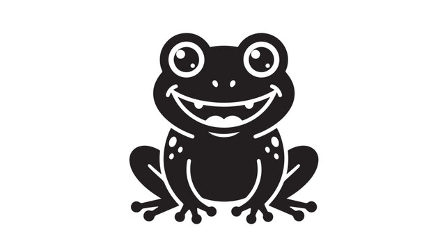 Frog smiling cute cartoon logo mascot icon with bold black silhouette and white outline for kids, sticker, and brand identity