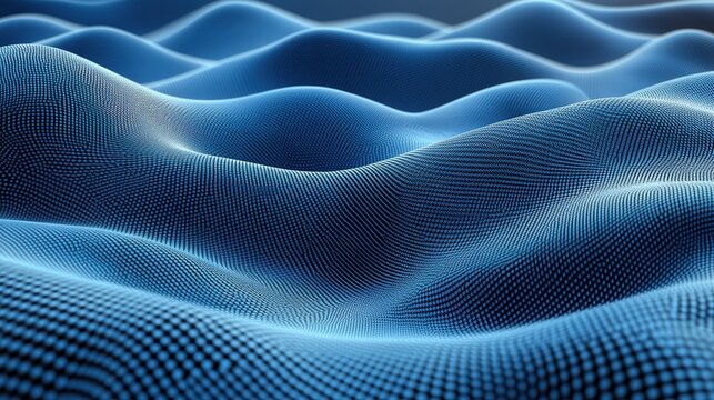 Abstract Wind-Swept Blue Waveforms Over a Digital Grid Horizon Surface