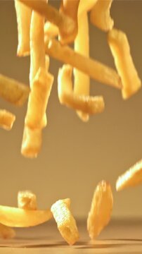 French fries with salt fall on the table. Filmed on a high-speed camera at 1000 fps. High quality FullHD footage