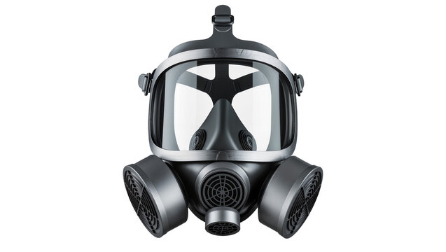 Full face respirator mask with dual cartridges and clear visor, isolated on transparent background