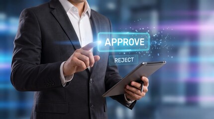 Obraz premium Businessman Touching Digital Virtual Screen Approve and Reject Button