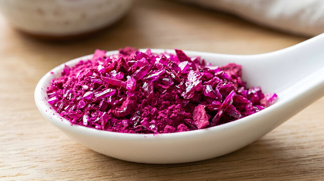 beetroot powder in white spoon close up shot of vibrant pink spice on wooden surface