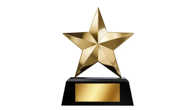 Golden star trophy with blank plaque, isolated on transparent background