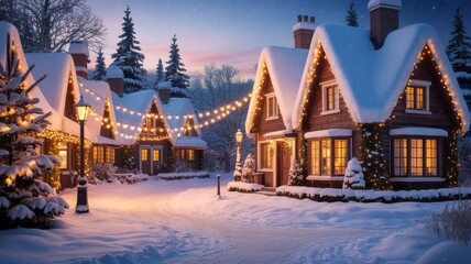 Fototapeta premium Snow-covered village with cozy cottages decorated with string lights and surrounded by trees during winter evening