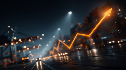 Obraz premium Urban Growth: A vibrant orange graph depicting upward financial growth rises dramatically over a blurred cityscape at night, symbolizing economic progress and future success.