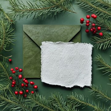 Season's Wishes: A Traditional Green Envelope Decorated with White Paper and Intricate Red Berries