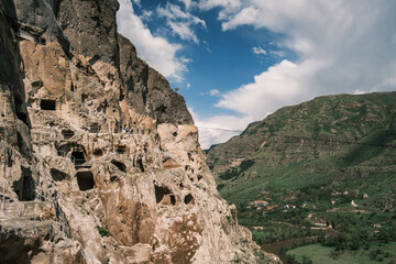 Vardzia famous travel destination cave monastery site in southern Georgia, excavated from the slopes of the Erusheti Mountain on the left bank of the Kura River, © Michele