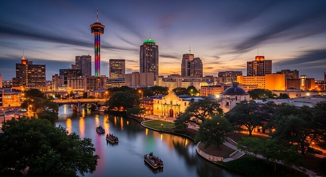 Colorful San Antonio Skyline Glowing at Dusk Along River Walk