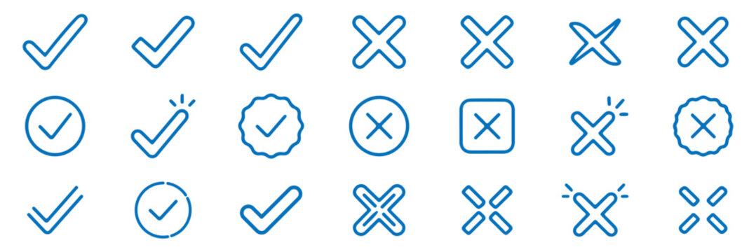 Check mark icon set in black. Check box set, check list signs, approval badge. check mark icon. check mark and cross icons black on white background. tick and cross button. 