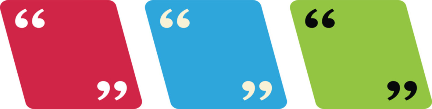 Set of three vibrant, distressed speech bubble vector illustrations featuring quotation marks, ideal for communication, social media, or creative graphic design