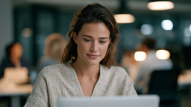 Young marketing associate receiving a lower-than-expected bonus notification on a laptop in an open-plan office, performance review disappointment captured in the subtle jaw clench and rapid email s
