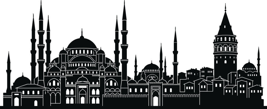 Istanbul, skyline, silhouette, turkey, city, landmark, blue, mosque, galata, tower, hagia, sophia, architecture, travel, tourism, culture