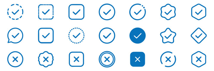 Cross and check mark icons, vector buttons. Checkmark tick and x. Set of green check marks and red cross icons in thin and thick circular outlines for web and apps.  © HIKESTUDIO 7